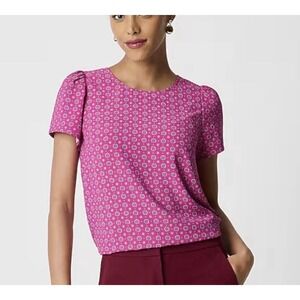 J Crew Pink Women's Printed Short-Sleeve Crepe Top Keyhole L Large New